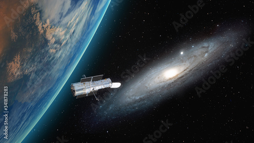 Wallpaper Mural View of the planet Earth from space during a sunrise against The Andromeda Galaxy ( Messier 31) with Hubble space telescope " Elements of this image furnished by NASA" Torontodigital.ca