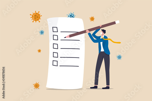Disaster and crisis management, COVID-19 Coronavirus business plan for pandemic crisis, to do list or new normal post pandemic concept, businessman holding pencil writing check list, virus pathogen.