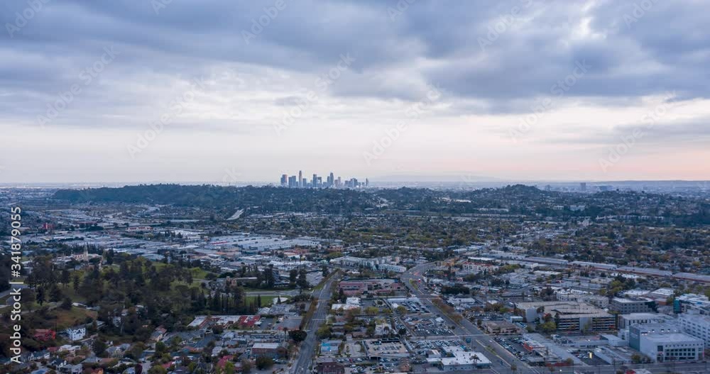 Evening Los Angeles Skyline Left to Right Circle Boom Up Aerial Motion Timelapse (Hyperlapse) Evening Los Angeles Skyline Left to Right Circle Boom Up Aerial Motion Timelapse (Hyperlapse)