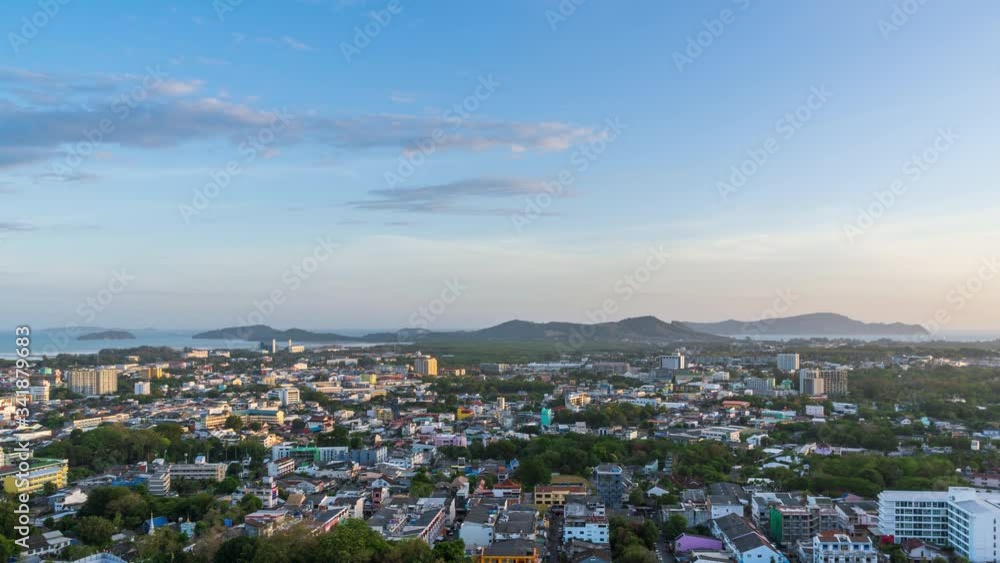 Phuket city aerial scenic view from Khao Rang Hill Park, during sunset twilight; day to night, zoom in - Time Lapse Phuket city aerial scenic view from Khao Rang Hill Park, during sunset twilight; day to night, zoom in - Time Lapse