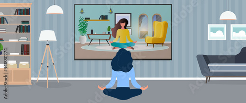 The girl in the office is engaged in meditation. Girl watching yoga lesson on tv. Vector.