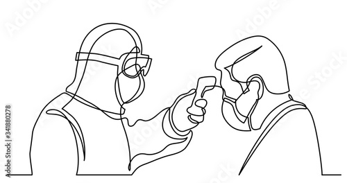 continuous line drawing of first responder in protective suit measuring temperture of man in mask
