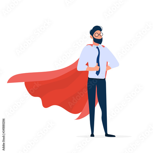 Businessman with a red cloak. The concept of leader, superhero. Entrepreneur shows a class. Isolated. Vector.