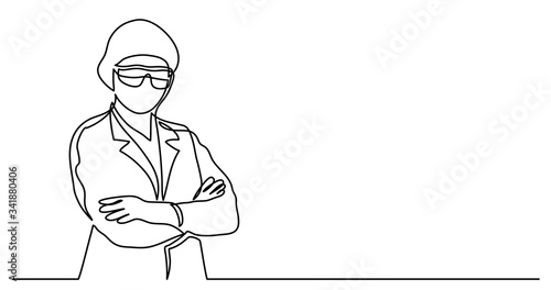 continuous line drawing of standing doctor in mask and protective gloves