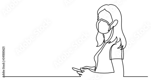 continuous line drawing of young woman in protective mask holding mobile phone