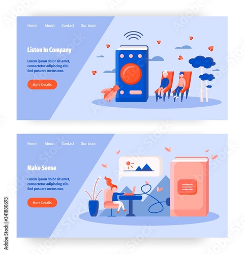 Audio book and online education concept illustration. Couple listen audiobook together. Girl is studying online. Vector web site design template. Landing page website illustration.