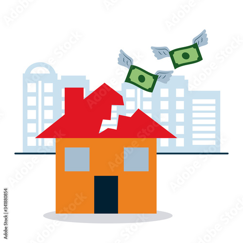 broken house and money bills with wings, colorful design