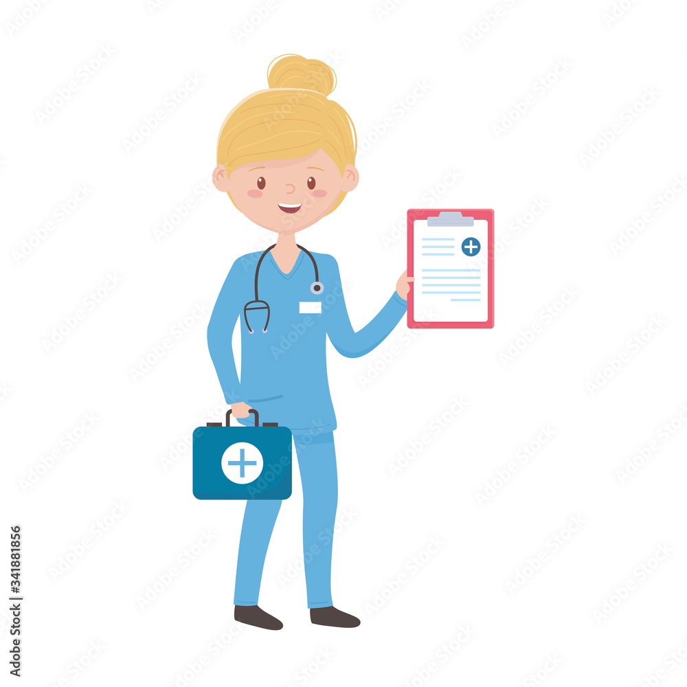 Isolated woman doctor with kit and history vector design Isolated woman doctor with kit and history vector design
