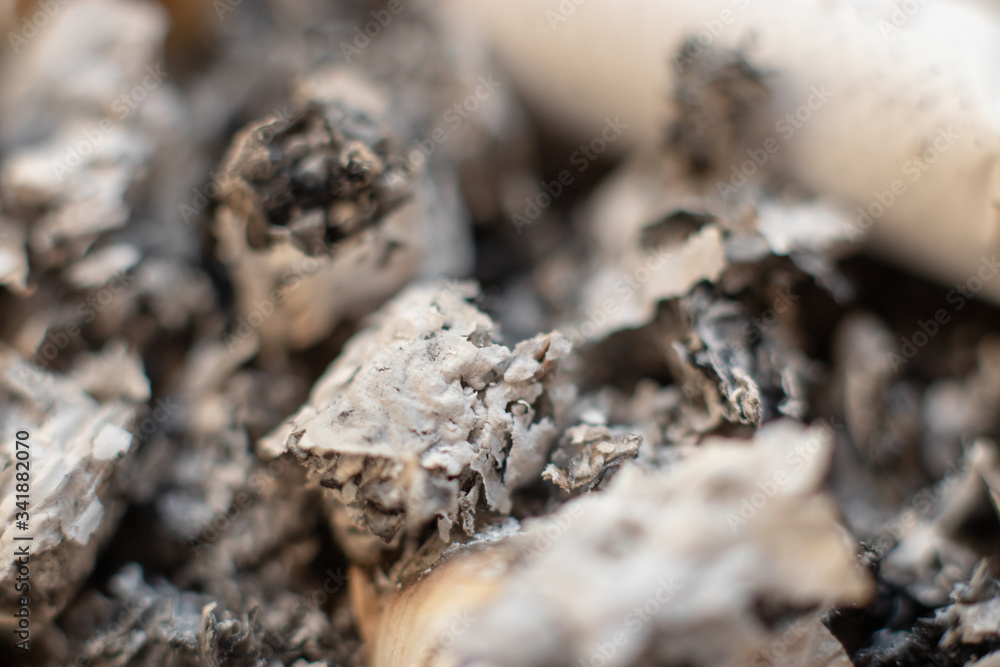 Macro closeup of burnt ash from cigarettes. Bad unhealthy smoking habit