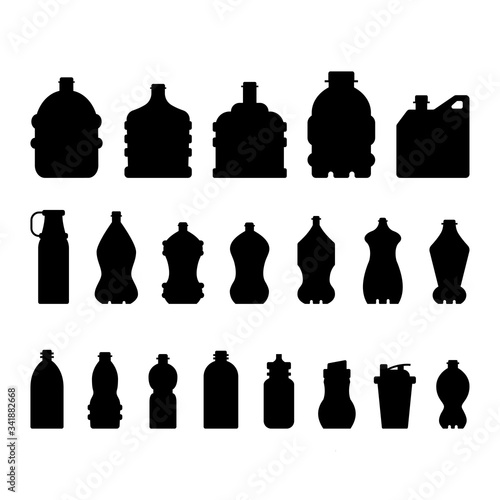 Silhouettes of plastic bottles for water, juice, soda.