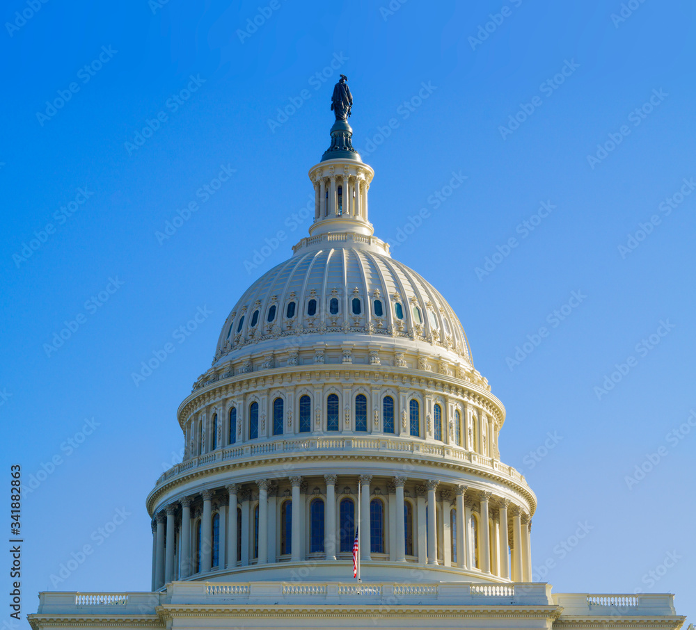 Obraz premium Kapitol Stanów Zjednoczonych z flagami USA przy połowie personelu, budynek Kapitolu Narodowego Waszyngton, USA