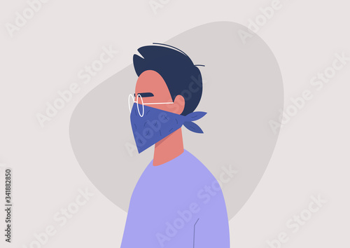 Young male character wearing a bandana as a face mask, coronavirus protection, respiratory disease