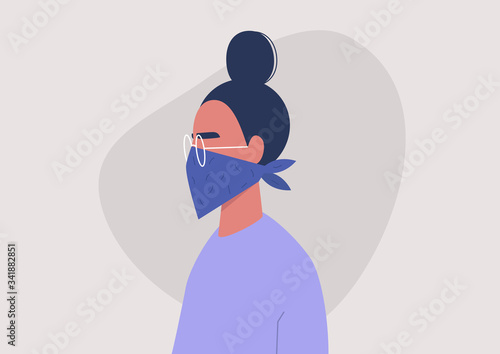 Young female character wearing a bandana as a face mask, coronavirus protection, respiratory disease