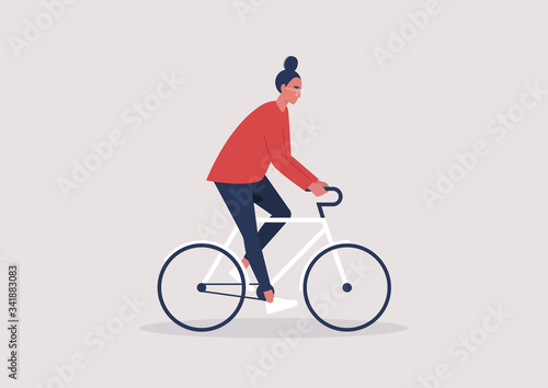 Young female character riding a bike, millennial lifestyle