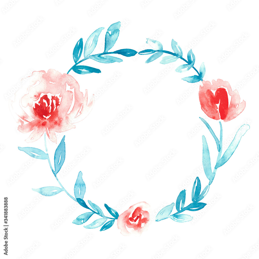 Watercolor floral wreath in red, coral and turquoise blue.