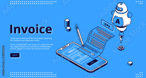 Invoice isometric landing page. Large bill for tax or service payment and smartphone screen with interface, ai. Shopping, banking, accounting paycheck, smart technologies 3d vector line art web banner