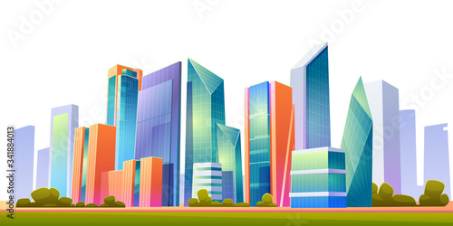 Urban cityscape panoramic banner vector cartoon illustration with buildings, city skyline with skyscraper and tower architecture, megapolis landscape, town scenic background isolated on white