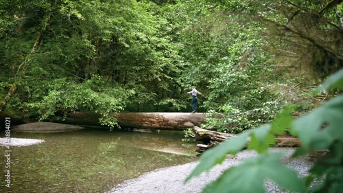 Wide Hiker walking across small river in lush, temperate rain forest. Tofino, Vancouver island, Canada.