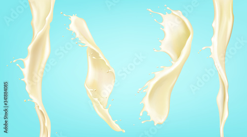 Vanilla milk splash and stream. Vector realistic mockup of spiral waves of liquid cream, yogurt, dairy drink. Twisted flow of milk with splash and drops isolated on blue background