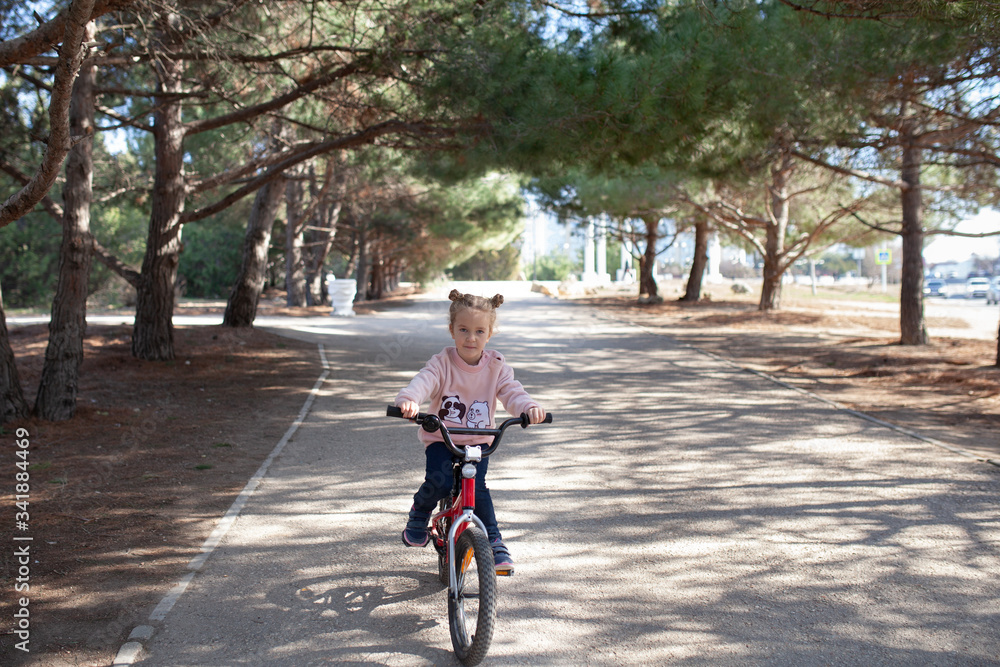 little girl rides a bicycle along a pine alley in a spring park