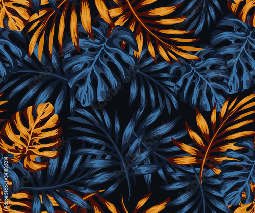 pattern drawing with gold and black tropical leaves on a dark background. Exotic botanical background design for cosmetics, spa, textile, hawaiian style shirt. wallpaper or fabric pattern.