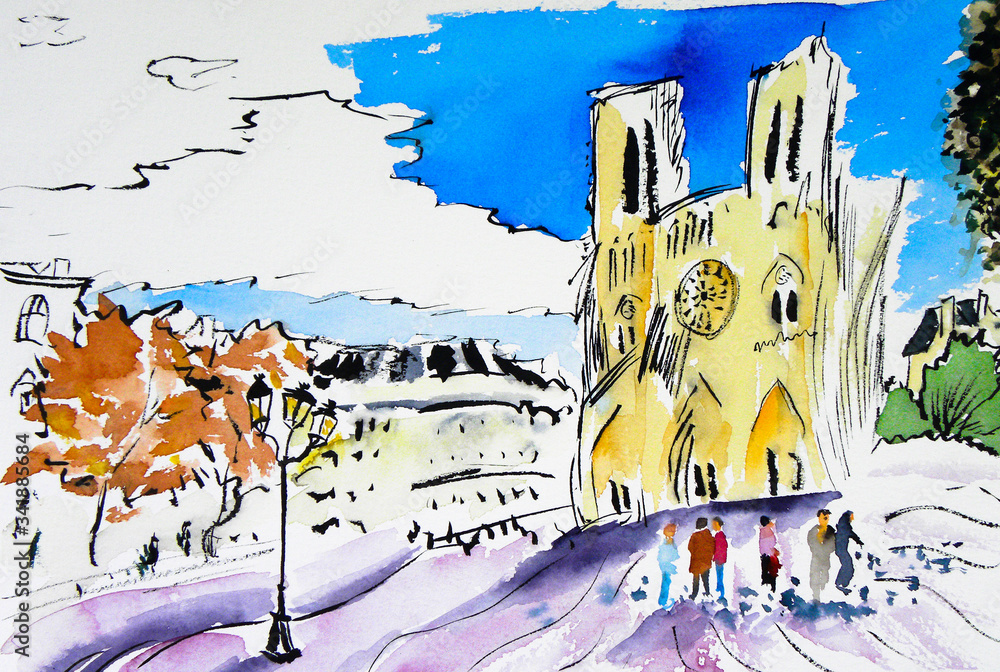 Hand-made watercolor illustration in abstract expressive style - .Notre Dame de Paris. Suitable for printing cards, posters and souvenirs