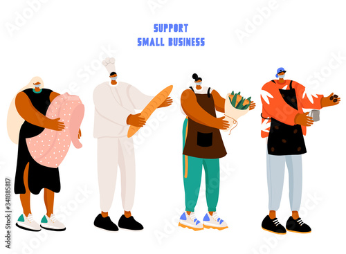Concept with work stuff in the period of self-isolation and quarantine. Set of bright vector flat working people in mask. Seller, baker, florist and barista at work. Support small local business.