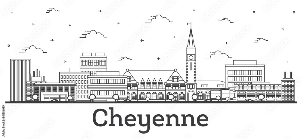 Outline Cheyenne Wyoming City Skyline with Modern Buildings Isolated on White.