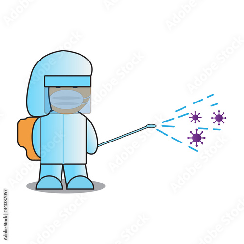 Health officer spraying disinfectant to sterilize environment from flu virus eps 10.