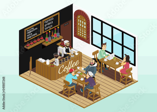 Isometric vector icon or info graphic element representing a coffee shop scenery and interior