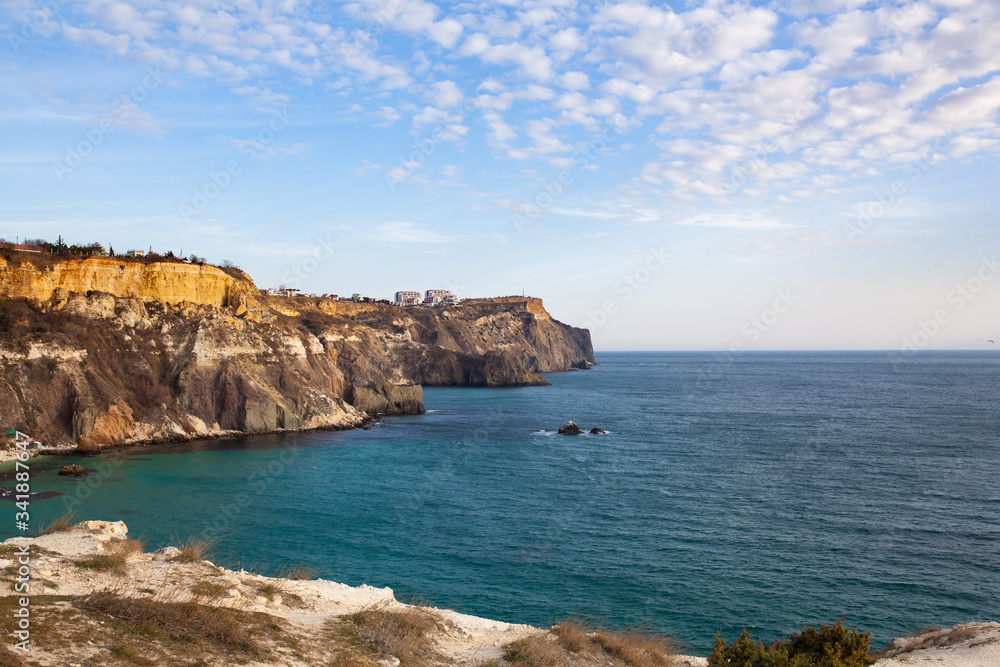 Beautiful panoramic views of the sea and the cliff, a mountain in the Black Sea, landscape, coastal travel and nature