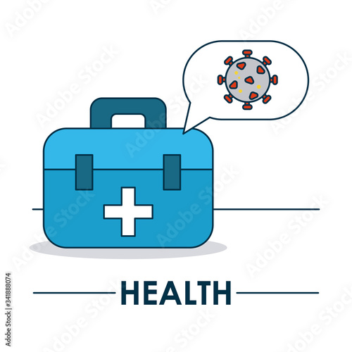 health concept, first aid kit box and speech bubble with covid 19 symbol