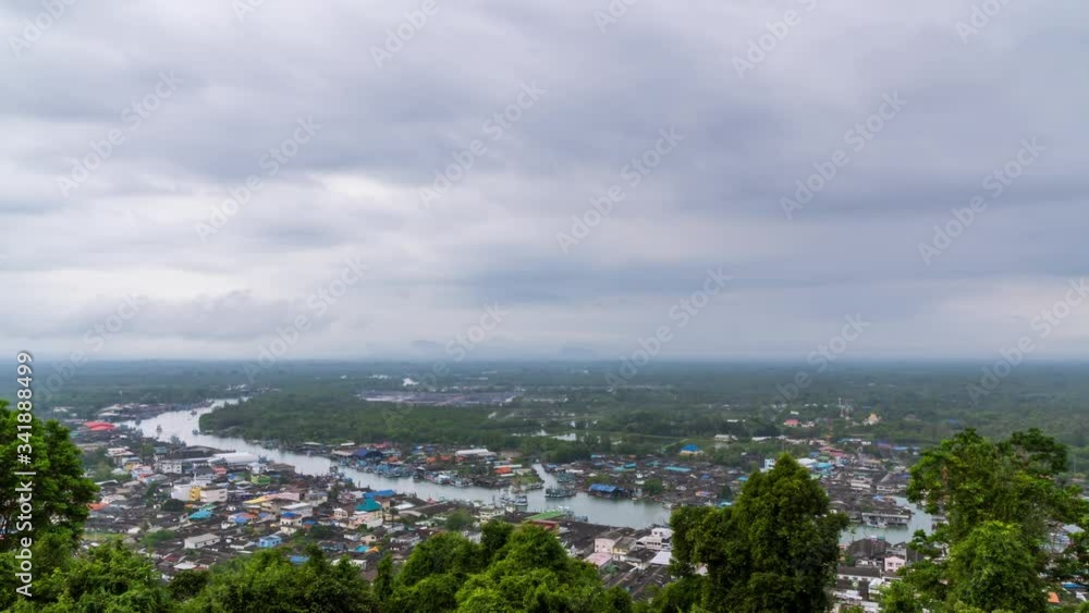 Pak Nam Chumphon town, fisherman village, and river from Khao Matsee scenic viewpoint; zoom out - Time Lapse Pak Nam Chumphon town, fisherman village, and river from Khao Matsee scenic viewpoint; zoom out - Time Lapse