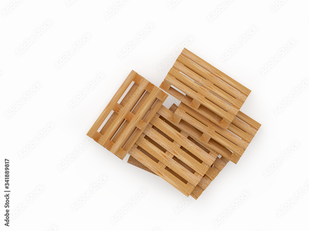 Pile of empty wooden pallets isolated on white background top view. 3D illustration Pile of empty wooden pallets isolated on white background top view. 3D illustration