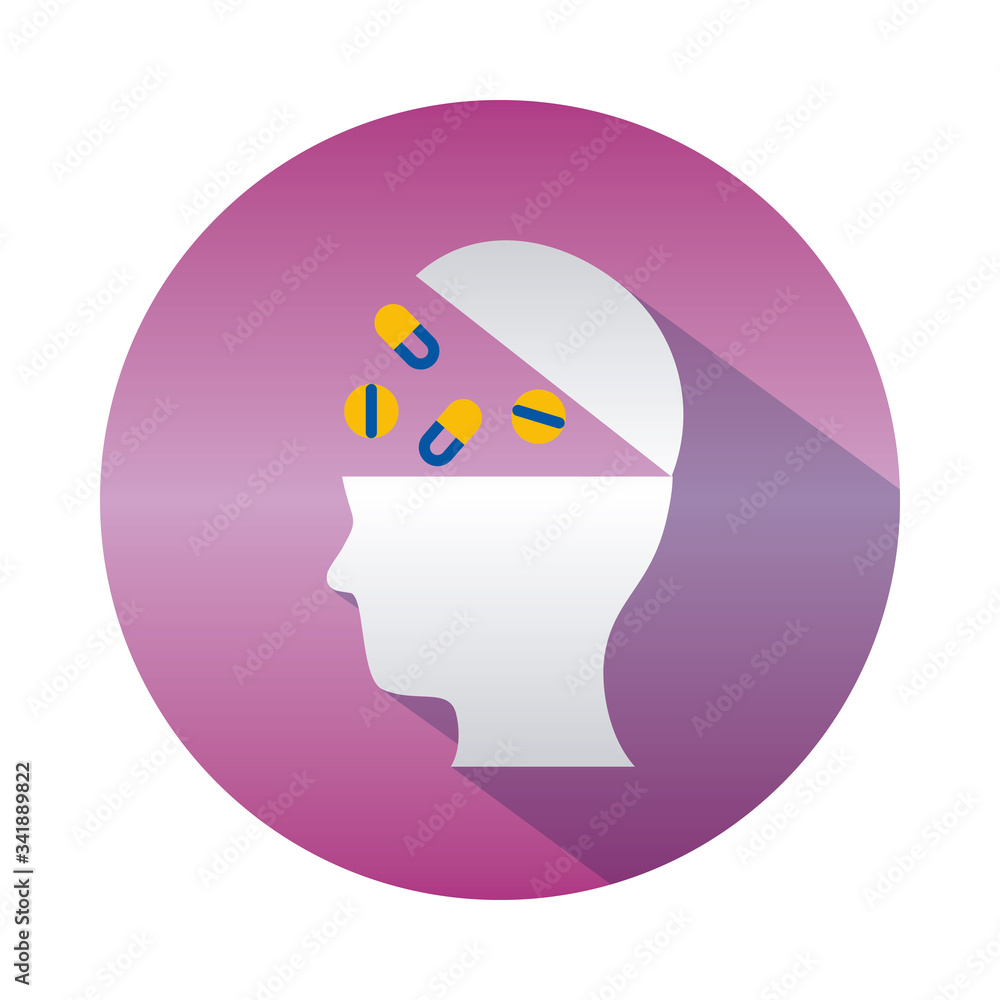 Mental health concept, head with pills falling inside over white background