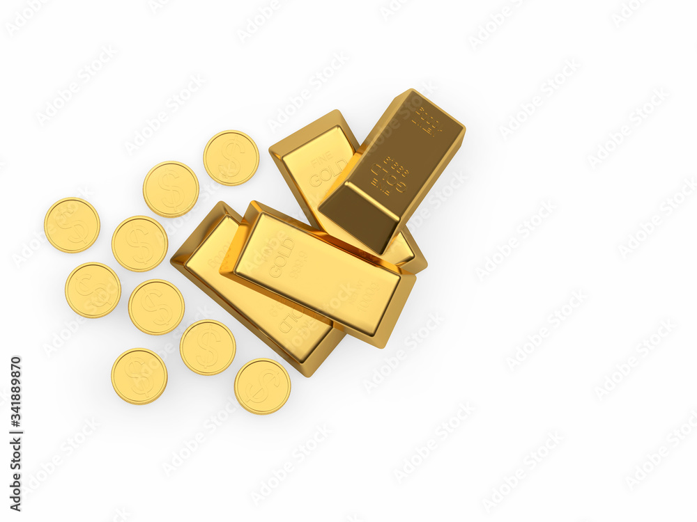 A pile of gold bars and coins with a dollar sign isolated on a white background. 3D illustration A pile of gold bars and coins with a dollar sign isolated on a white background. 3D illustration