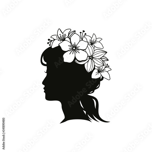 Silhouette young female hairstyle with flowers