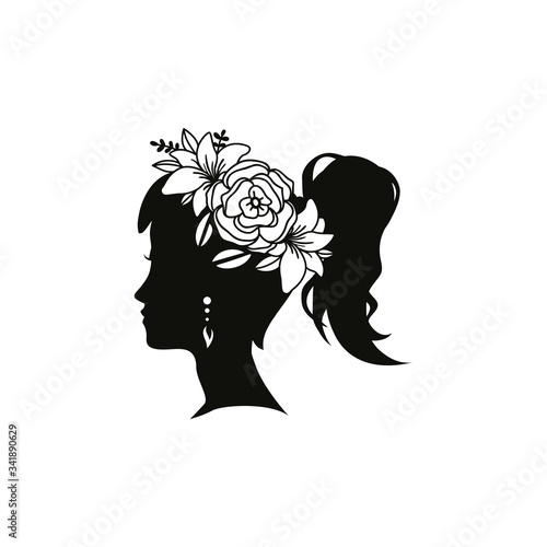 Silhouette young female hairstyle with flowers
