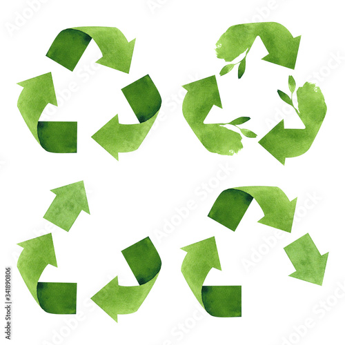 Watercolor recycling, upcycling and downcycling signs, isolated on white background. Hand drawn reuse symbols for ecological design. Zero waste lifestyle.