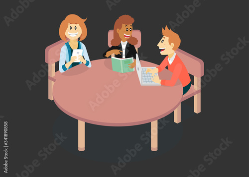 Isometric Vector Illustration Representing a Discussion about Education Between Students and Workers