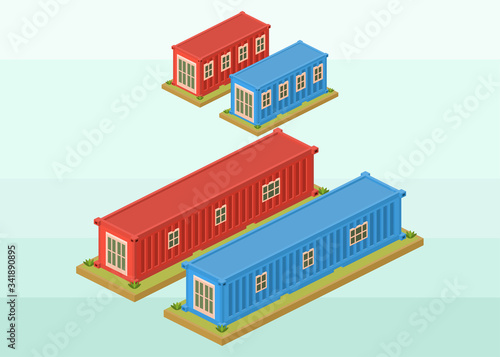 Isometric Vector Illustration Representing Container Home or House Building in Small and Large Size