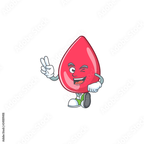 Cheerful red blood mascot design with two fingers