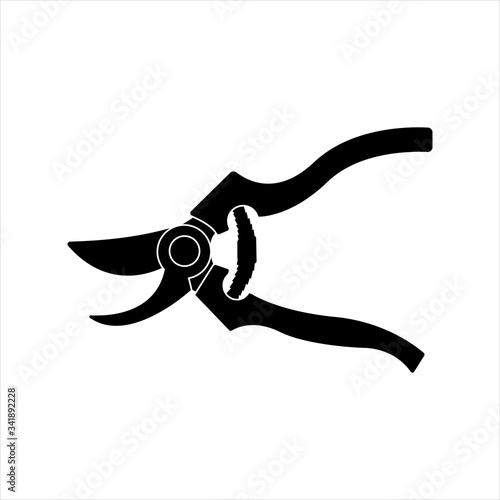 Vector silhouette of secateurs for a garden on a white background. For agriculture and cuts for plants and vegetables. Flat design objects without fill. Vector and stock illustration.