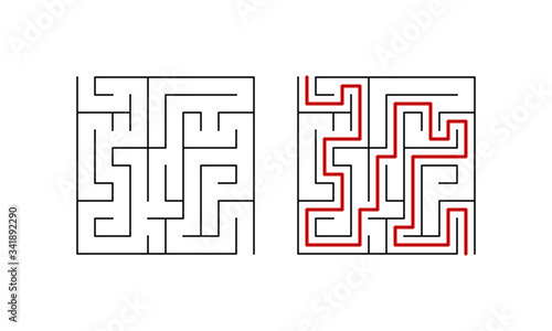 Labyrinth puzzle for little children. Simple game with solution. Vector illustration.