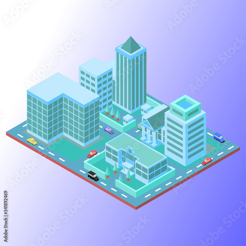 Isometric Vector Illustration Representing Small City with Buildings using Soft Color