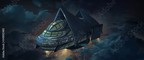 A digital illustration of giant futuristic safety catastrophe airship concept.