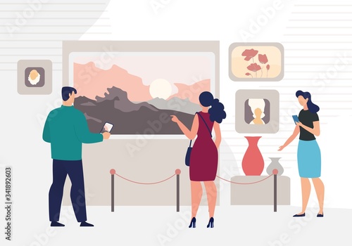 Modern or Classic Artist Drawings Exhibition in Art Museum Concept. Man and Women Looking on Landscape, Portrait, Still Life Drawings on Wall, People Visiting Museum Trendy Flat Vector Illustration