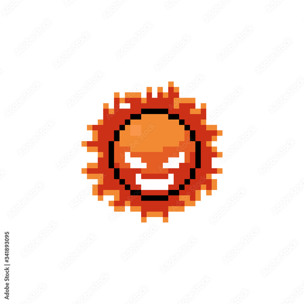 Pixel art cartoon angry sun character icon design.