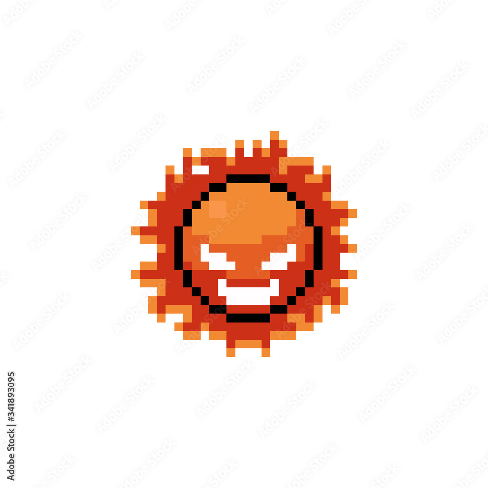 Fototapeta premium Pixel art cartoon angry sun character icon design.