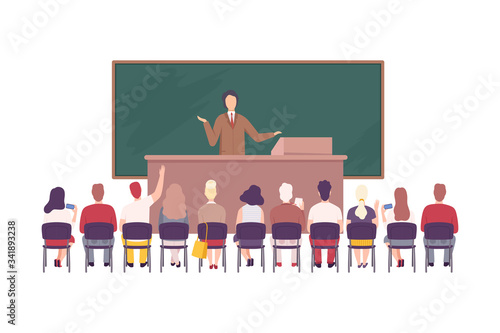 Male Professor Giving Task, Lecture to Students Sitting in Classroom Set, University, College, High School Lesson Flat Vector Illustration